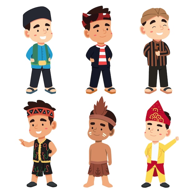 Free vector set of young indonesia man wearing traditional costumes