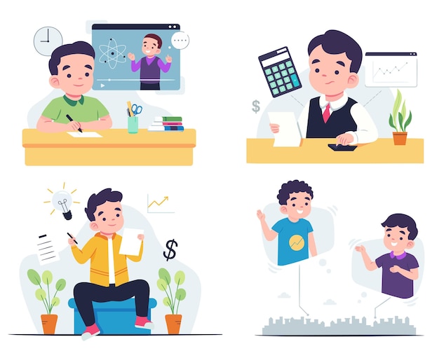 Set of young man with various activity learn in class or doing homework working about finance checking list video call with friend on internet in cartoon character vector illustration