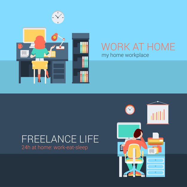 Set of young man woman home office freelance homework laptop table workplace back view. Flat people lifestyle situation work at home concept.  illustration collection of young creative humans.