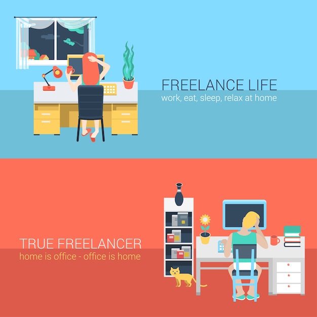 Set of young man woman home office freelance homework laptop table workplace back view. Flat people lifestyle situation work at home concept.  illustration collection of young creative humans.