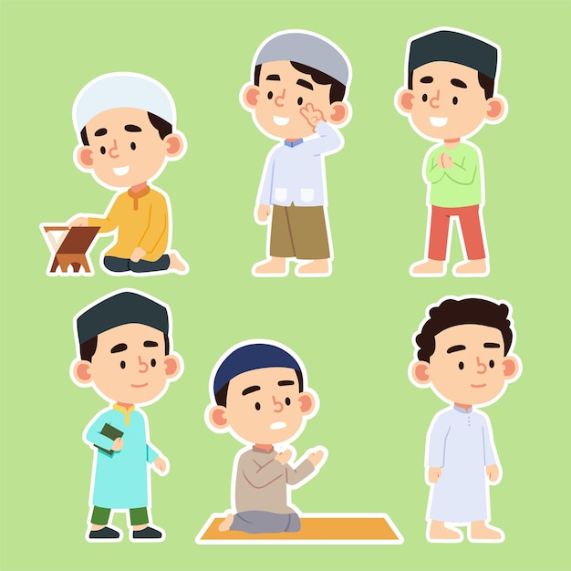 Free vector set of young muslim man various activities