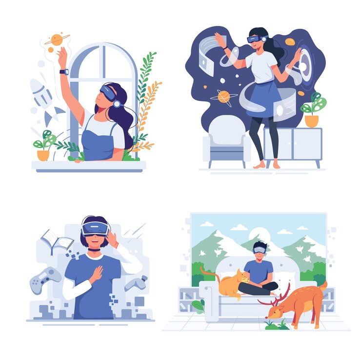 Free Vector set of young people use vr glasses with enjoyment at home in cartoon character style, design flat illustration