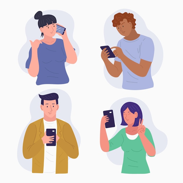Set of young people using smartphones