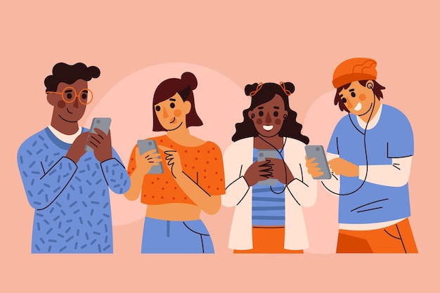 Free vector set of young people using smartphones