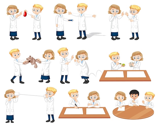 Free vector set of young scientist in different poses cartoon character