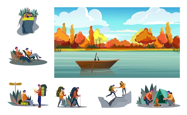 Free vector set of young tourists hiking