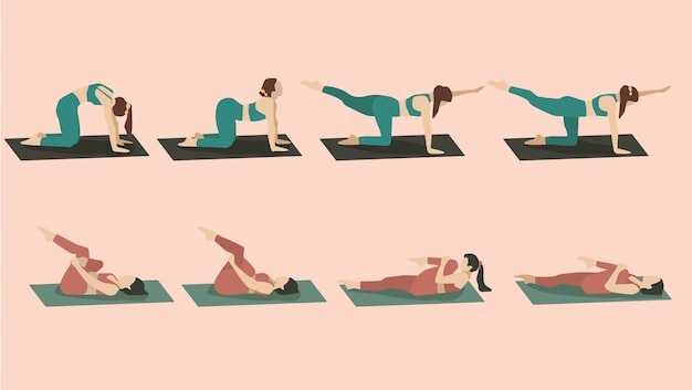 Free vector set of young woman performing yoga poses in green and red sport clothes