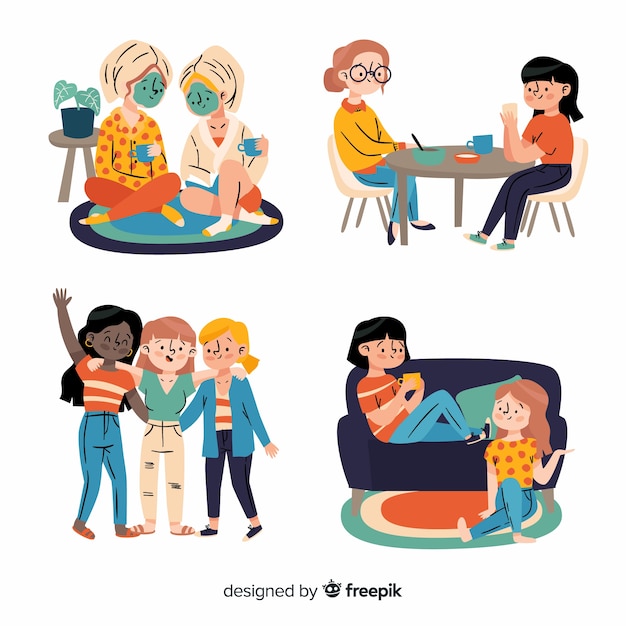 Free vector set of young woman spending time together