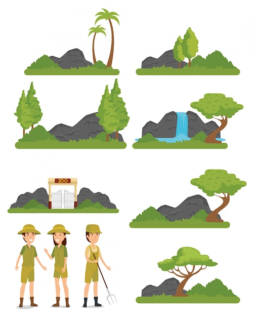 Free vector set zoo animals reserve with safari people