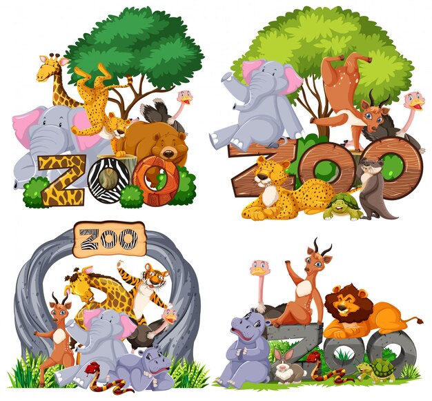 Set of zoo animals with banner