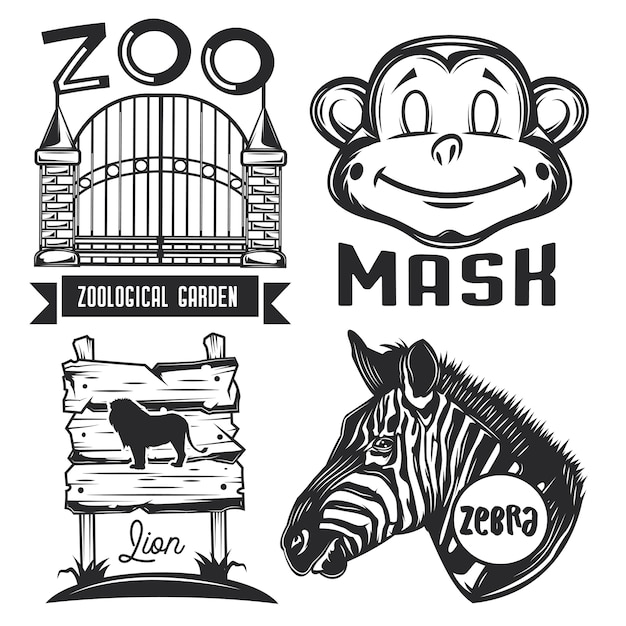 Set of zoo emblems, labels, badges, logos.