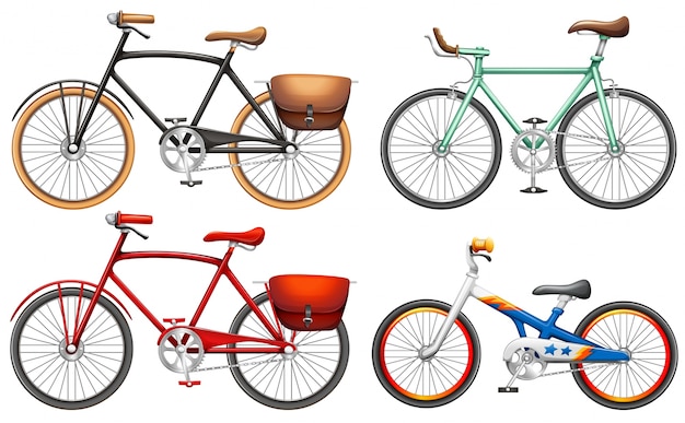 Sets of pedal bikes on a white background