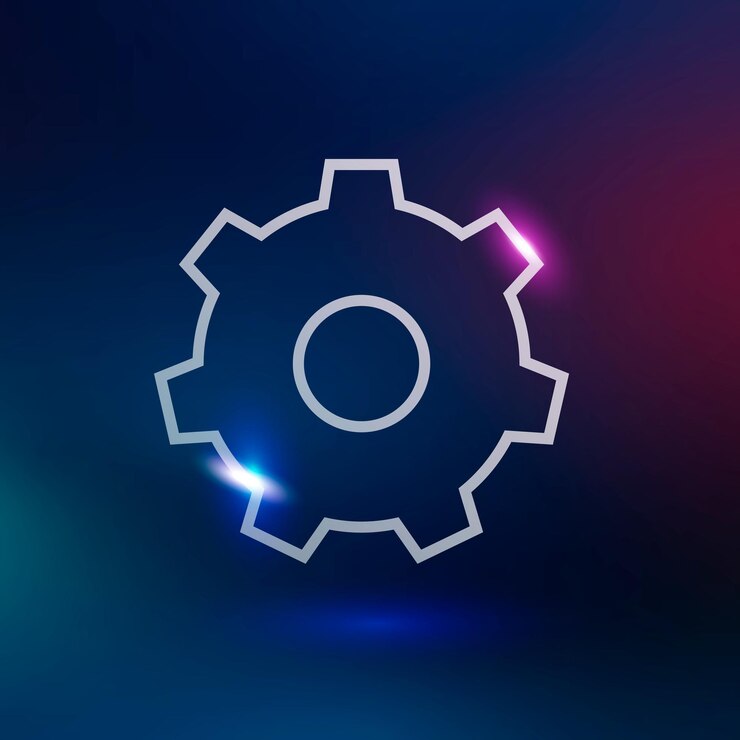 Free Vector setting gear vector technology icon in neon purple on gradient background