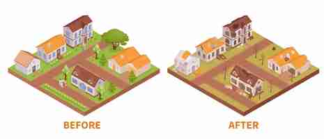 無料ベクター 大惨事の前後の和解全体と老朽化した建物の 3 d ベクトル図と 2 つの等尺性分離組成物