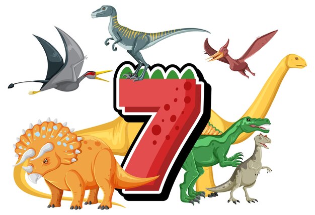 Seven dinosaurs with number seven cartoon