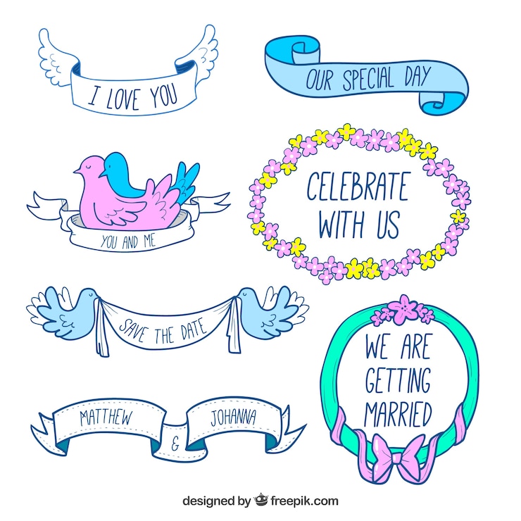 Free Vector seven hand drawn wedding labels