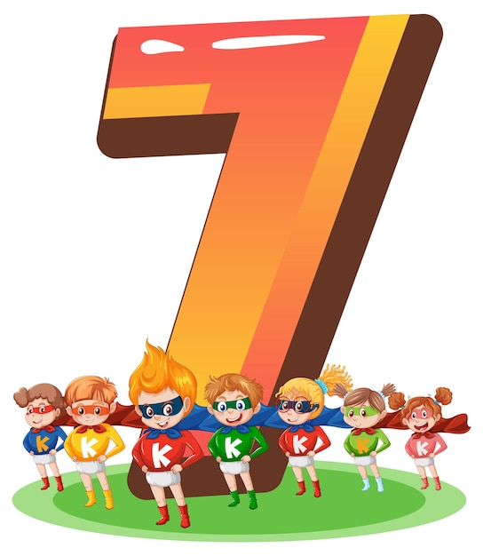 Free vector seven kids with number seven cartoon