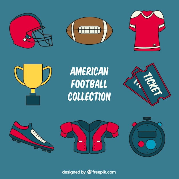 Diversi elementi di football americano in design piatto