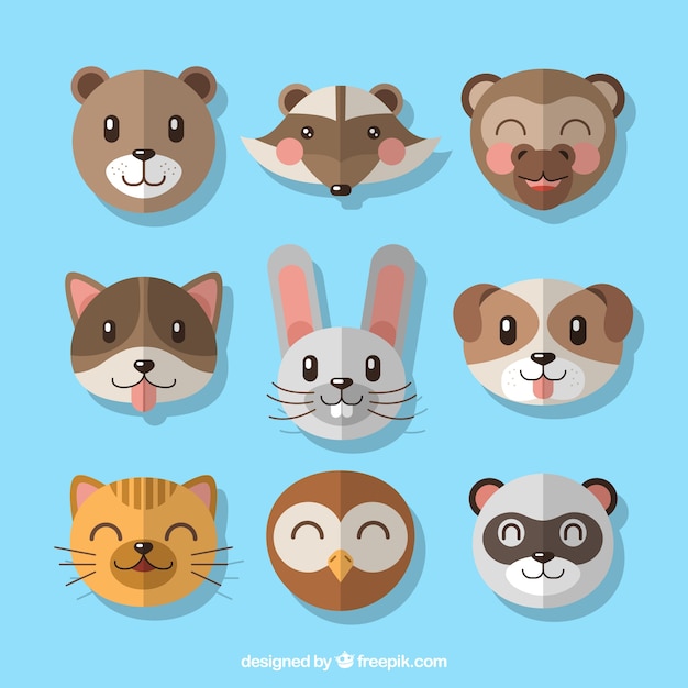 Vettore gratuito diversi emoticons animali in design piatto