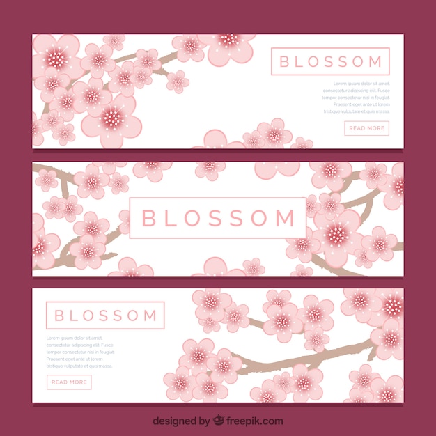 Free vector several banners with blooming branches