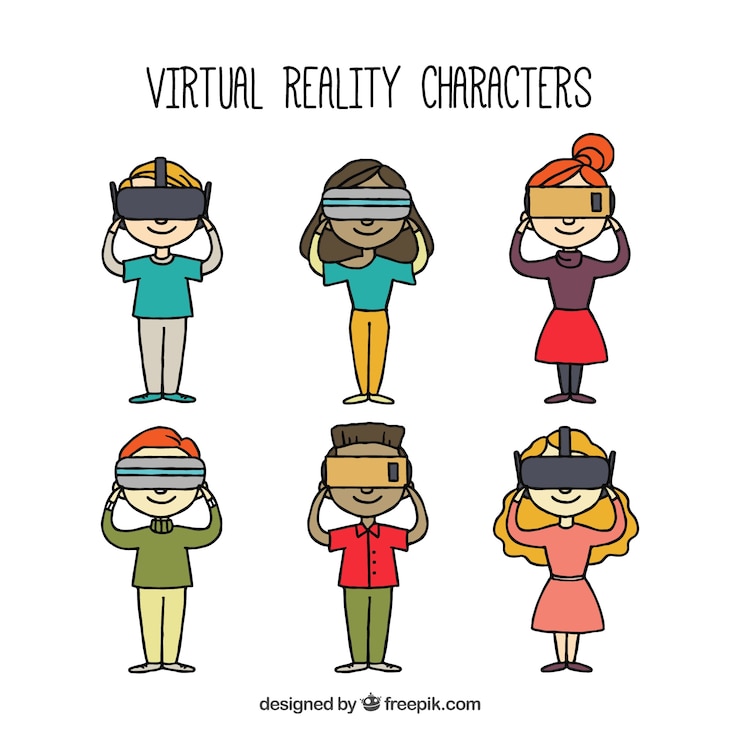 무료 Vector 가상 현실 안경을 쓴 여러 캐릭터
