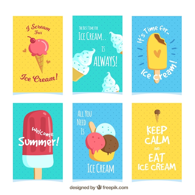 Free vector several colorful cards with ice cream and messages