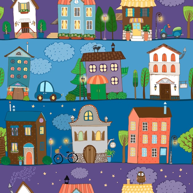 Several colorful and cute house designs at different times of the day