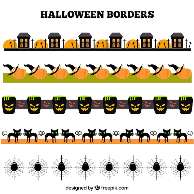 Vettore gratuito diversi bordi decorativi di halloween nel design piatto