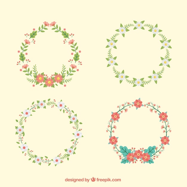 Free vector several floral wreaths in flat design