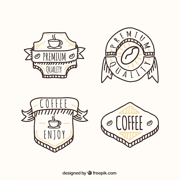 Several hand-drawn coffee badges