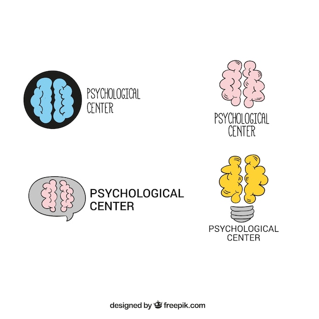 Several hand-drawn psychology logos with decorative brain