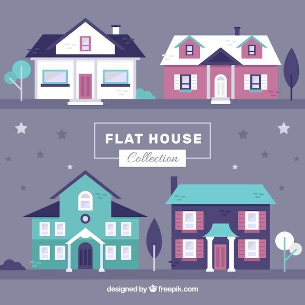 Several houses with green details in flat design