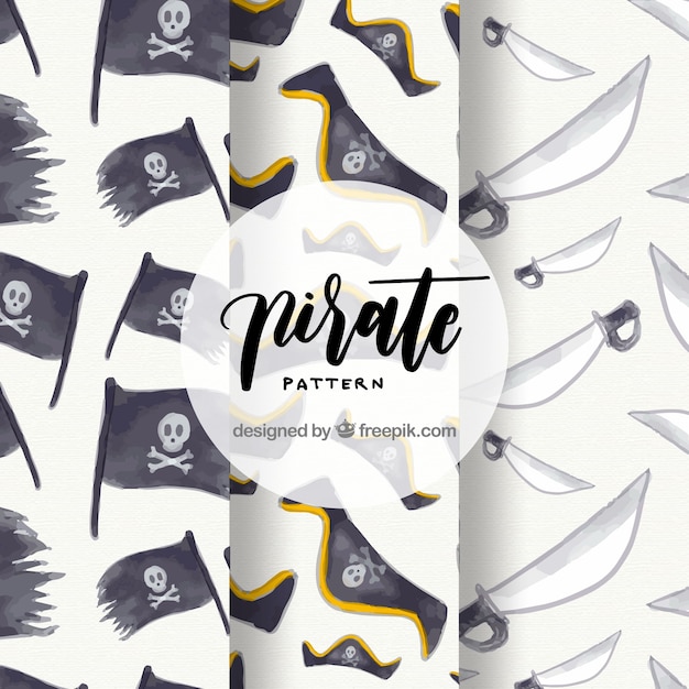 Free vector several pirate patterns with watercolor items