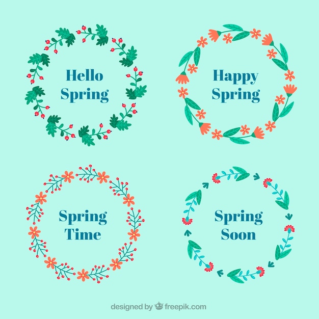 Several spring wreaths with flowers in flat design