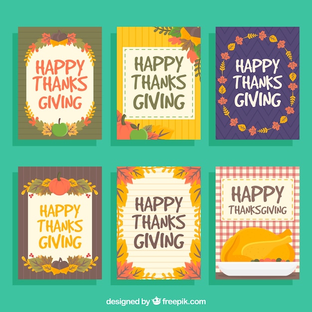 Free vector several thanksgiving cards in vintage style