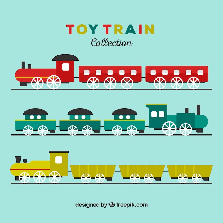 Free Vector several toy trains with different colors and designs