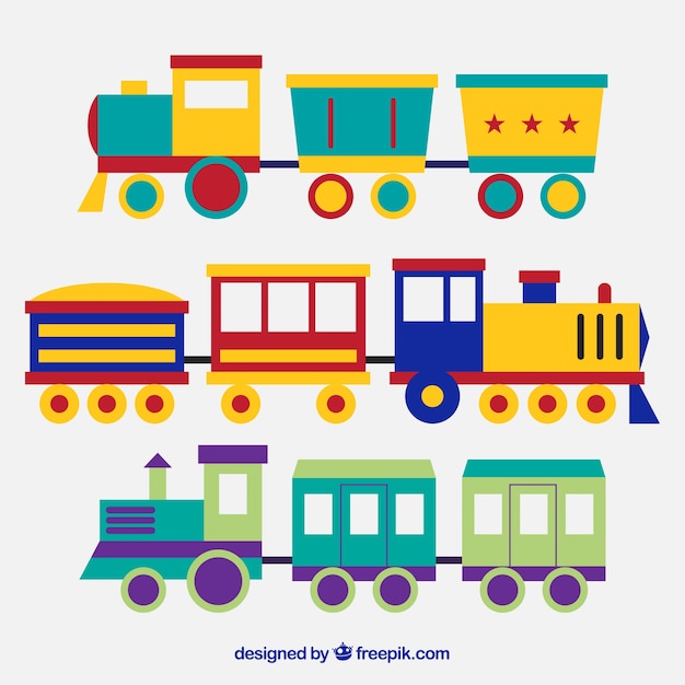 Free vector several toy trains with great colors
