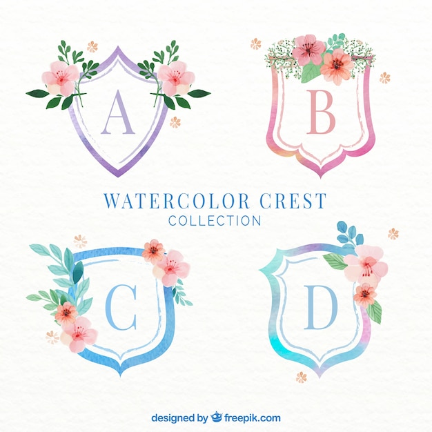 Several watercolor crests with flowers