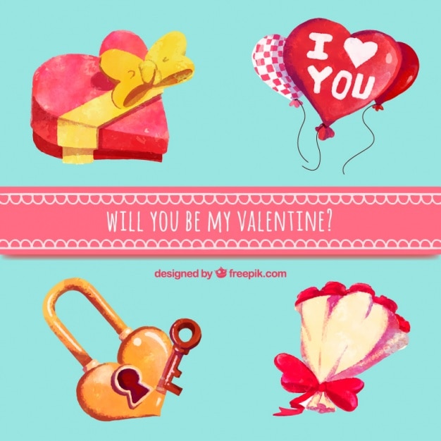Free vector several watercolor objects for valentine's day