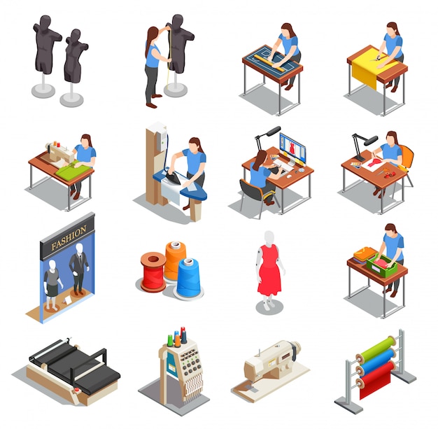Бесплатное векторное изображение Швейная фабрика изометрические иконы set
