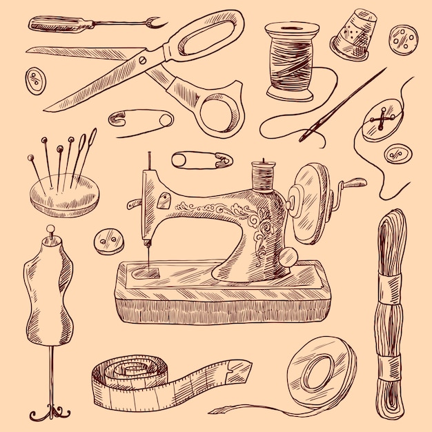 Sticker Sewing machine retro sketch for your design 