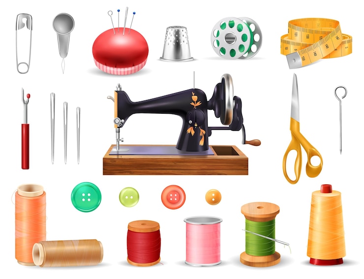 मुफ़्त वेक्टर sewing machine set with needles and scissors realistic isolated vector illustration
