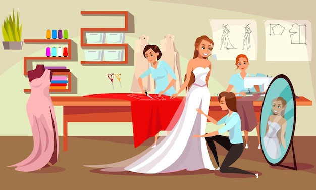 Illustrazione dell'atelier dello studio di cucito giovane sposa sarto e sarti e abito da sposa processo di montaggio sartoria professionale laboratorio di abbigliamento designer sul posto di lavoro