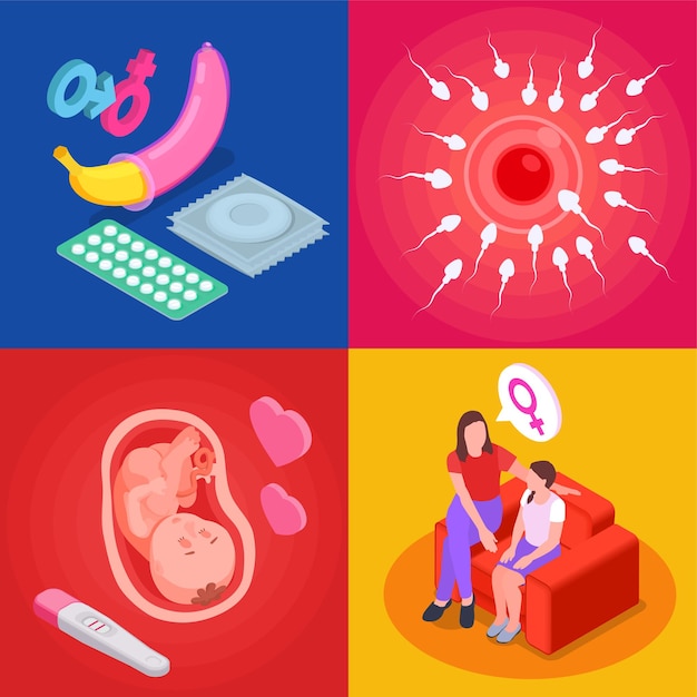 Sex education 2x2 isometric concept set isolated vector illustration