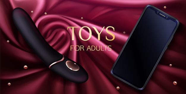 Sex toys dildo and smartphone for adults, vibrator for pleasure and erotic games on red silk draped fabric 