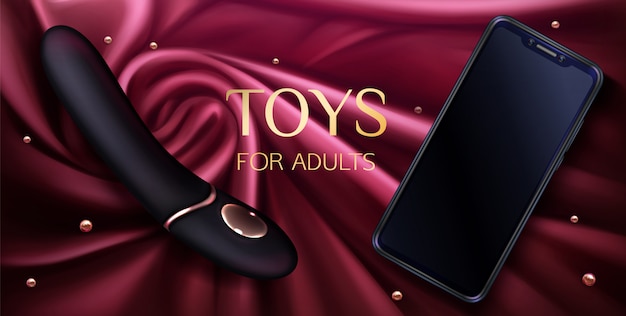 Секс игрушки, фаллоимитатор и смартфон для взрослых, вибратор для удовольствия и эротические игры на красной шелковой драпированной ткани