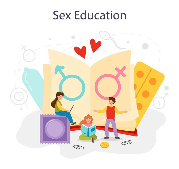 성 교육 개념 젊은 사람들을 위한 성 건강 수업 피임 및 생식 시스템 사춘기 발달 격리 된 벡터 일러스트 레이 션