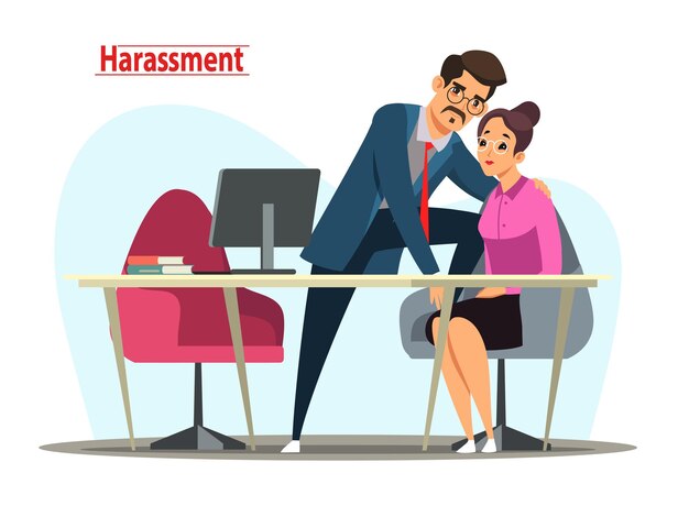 Sexual scandal and abuse uncomfortable incident at office workplace Cartoon male boss harassing afraid employee staring at female colleague lustful man touching shoulder of woman with hand