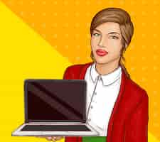 Free vector sexy businesswoman holding laptop computer with blank screen