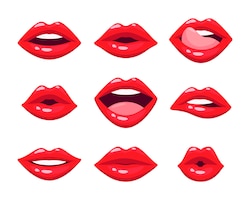 Sexy lips of women or girls flat vector illustrations set. open and smiling female mouths with teeth, tongue, red lipstick isolated on white background. expressions, emotions, beauty concept